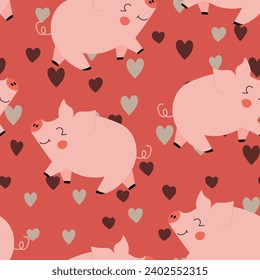 Vector flat animals colorful illustration for kids. Seamless pattern with cute pig on color floral background. Adorable cartoon character. Design for textures, card, poster, fabric, textile.