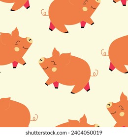 Vector flat animals colorful illustration for kids. Seamless pattern with cute pig on color floral background. Adorable cartoon character. Design for textures, card, poster, fabric, textile.