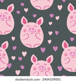 Animales planos vectoriales ilustraciones coloridas para los niños. Patrón sin brillo con cerdo lindo sobre fondo floral de color. Caricatura adorable. Diseño para texturas, tarjetas, afiches, tejidos, textiles.
