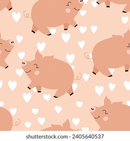 Vector flat animals colorful illustration for kids. Seamless pattern with cute pig on color floral background. Adorable cartoon character. Design for textures, card, poster, fabric, textile.