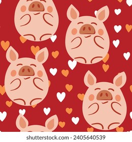 Vector flat animals colorful illustration for kids. Seamless pattern with cute pig face on color floral background. Adorable cartoon character. Design for textures, card, poster, fabric, textile.