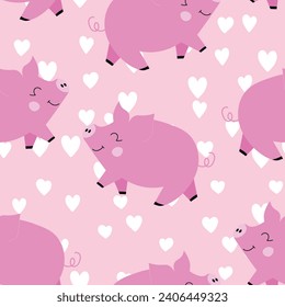 Vector flat animals colorful illustration for kids. Seamless pattern with cute pig on color floral background. Adorable cartoon character. Design for textures, card, poster, fabric, textile.