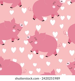 Vector flat animals colorful illustration for kids. Seamless pattern with cute pig on color floral background. Adorable cartoon character. Design for textures, card, poster, fabric, textile.