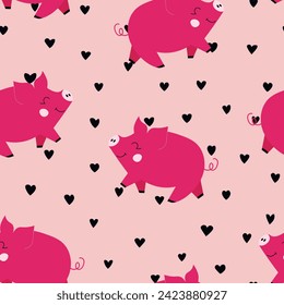 Vector flat animals colorful illustration for kids. Seamless pattern with cute pig on color floral background. Adorable cartoon character. Design for textures, card, poster, fabric, textile.