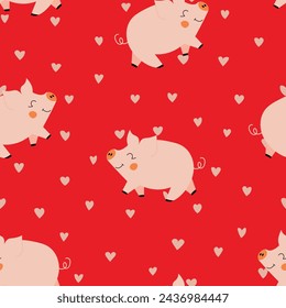 Vector flat animals colorful illustration for kids. Seamless pattern with cute pig on color floral background. Adorable cartoon character. Design for textures, card, poster, fabric, textile.