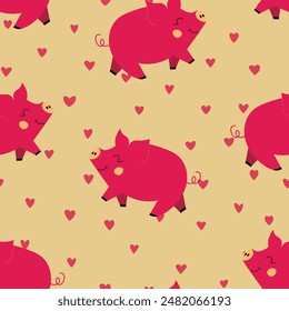 Vector flat animals colorful illustration for kids. Seamless pattern with cute pig on color floral background. Adorable cartoon character. Design for textures, card, poster, fabric, textile.