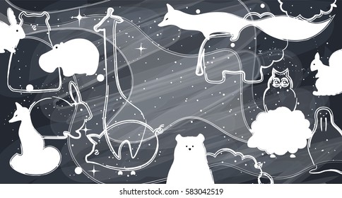 Vector flat animals design background. Cute template with fox, giraffe, lion, owl, hippo, polar bear, squirrel walrus pig rabbit sheep