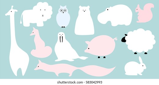 Vector flat animals design background. Cute template with fox, giraffe, lion, owl, hippo, polar bear, squirrel walrus pig rabbit sheep