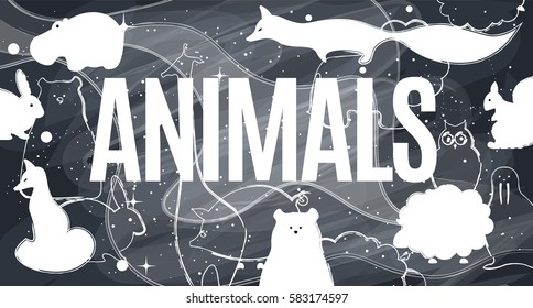 Vector flat animals design background. Cute template with fox, giraffe, lion, owl, hippo, polar bear, squirrel walrus pig rabbit sheep