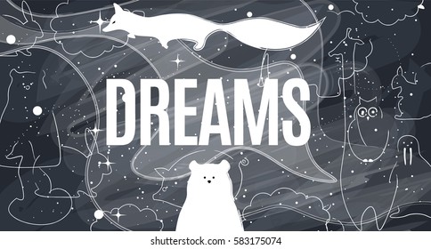 Vector flat animals design background. Cute template with fox, giraffe, lion, owl, hippo, polar bear, squirrel walrus pig rabbit sheep