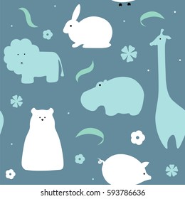 Vector flat animals design background. Cute seamless pattern with giraffe, lion, hippo, polar bear, pig, rabbit