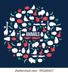 Vector flat animals design background. Cute isolated pattern with fox, giraffe, hippo, polar bear, squirrel, rabbit