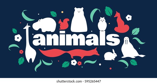 Vector flat animals design background. Cute panoramic pattern with fox, giraffe, hippo, polar bear, squirrel, rabbit