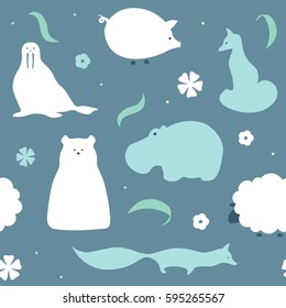 Vector flat animals design background. Cute seamless pattern with fox, hippo, polar bear, pig, rabbit and sheep