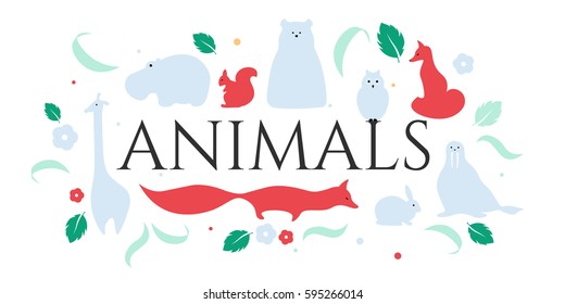 Vector flat animals design background. Cute panoramic pattern with fox, giraffe, hippo, polar bear, squirrel, rabbit