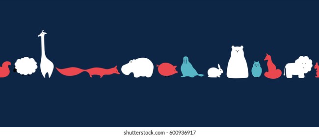 Vector flat animals design background. Cute seamless pattern with fox, giraffe, lion, hippo, polar bear, squirrel, pig, rabbit and sheep