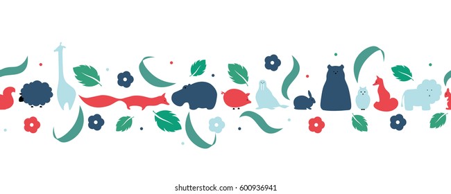 Vector flat animals design background. Cute seamless pattern with fox, giraffe, lion, hippo, polar bear, squirrel, pig, rabbit and sheep