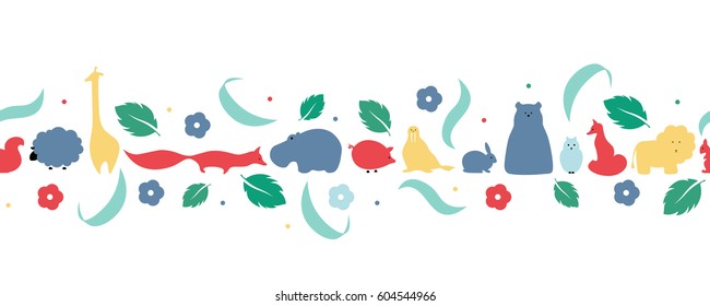 Vector flat animals design background. Cute seamless pattern with fox, giraffe, lion, hippo, polar bear, squirrel, pig, rabbit and sheep
