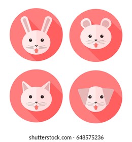 Vector flat animals on circles showing their tongues: dog, cat, rabbit and hamster. Icon set.