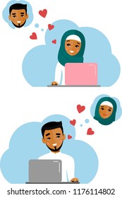 Vector flat arabic lover concept on the computer screen sent a message of love. Lovers chat online on the Internet. Cute cartoon illustration of arab people in love using computer and internet.