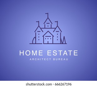 Vector flat architect bureau logotype isolated. Line art. Building company and design studio insignia, logo isolated on blue backdrop. Line art. Mansion, castle illustration. Exclusive projects.