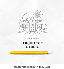 Vector flat architect studio logo design isolated on white background. Architect bureau insignia icon. Building company, construction industry brand mark icon. House, garden illustration. Pen icon.