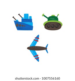 Vector flat army, military, 23 of february, Russian Defender of the Fatherland Day symbol icon warship boat, armored tank, military aircraft jet, plane. Isolated illustration