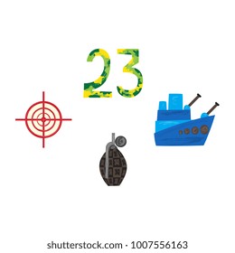 Vector flat army, military, 23 of february, Russian Defender of the Fatherland Day symbol icon 23 camouflage numbers, sniper scope aim, target, crosshair warship boat, grenade. Isolated illustration
