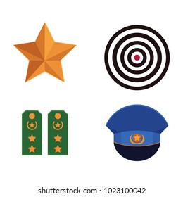 Vector flat army, military, 23 of february, Russian Defender of the Fatherland Day symbol icon military orange star, shooting target shoulder straps, peakless blue cap with star. Isolated illustration