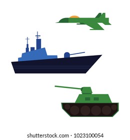 Vector flat army, military, 23 of february, Russian Defender of the Fatherland Day symbol icon warship boat, armored tank, military aircraft jet, plane. Isolated illustration