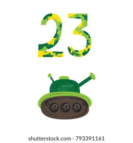 Vector flat army, military, 23 of february, Russian Defender of the Fatherland Day symbol icons - military green tank, 23 camouflage numbers. Isolated illustration, white background.