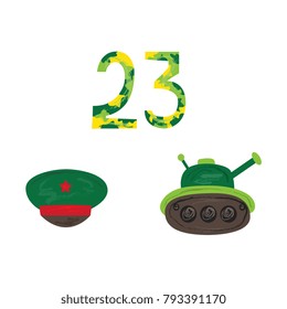Vector flat army, military, 23 of february, Russian Defender of the Fatherland Day symbol icons - green tank, 23 camouflage numbers, peakless cap with red star. Isolated illustration