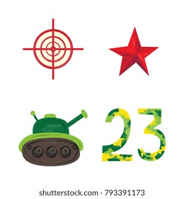 Vector flat army, military, 23 of february, Russian Defender of the Fatherland Day symbol icons - green tank, 23 camouflage numbers, sniper scope aim, target, crosshair red star. Isolated illustration