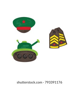 Vector flat army, military, 23 of february, Russian Defender of the Fatherland Day symbol icons - military green tank, shoulder straps, peakless cap with star. Isolated illustration, white background.