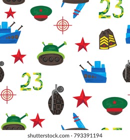 Vector flat army, military, 23 of february, Russian Defender of the Fatherland Day seamless pattern. military warship boat, shoulder straps, peakless cap red star tank, aircraft. Isolated illustration