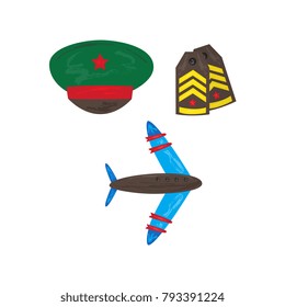 Vector flat army, military, 23 of february, Russian Defender of the Fatherland Day symbol icons - military aircraft, jet, plane shoulder straps, peakless cap with star. Isolated illustration