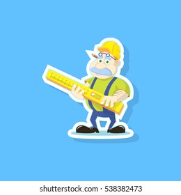 Vector flat art color illustration of a cute cartoon builder with ruler