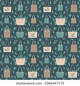 Vector flat art eco seamless pattern features a stylish arrangement of reusable tote bags with leaves.