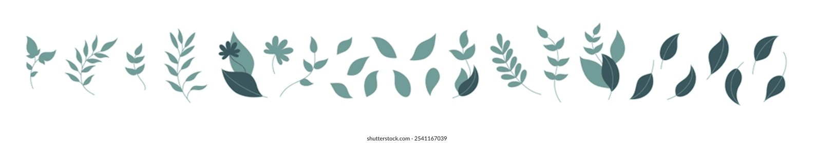 Elemento de arte plana vetorial com uma variedade de desenhos de folhas minimalistas.