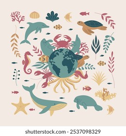 A vector flat art illustration featuring marine life surrounding a globe.