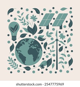 Vector flat art illustration featuring eco-friendly elements, including Earth, solar panels.