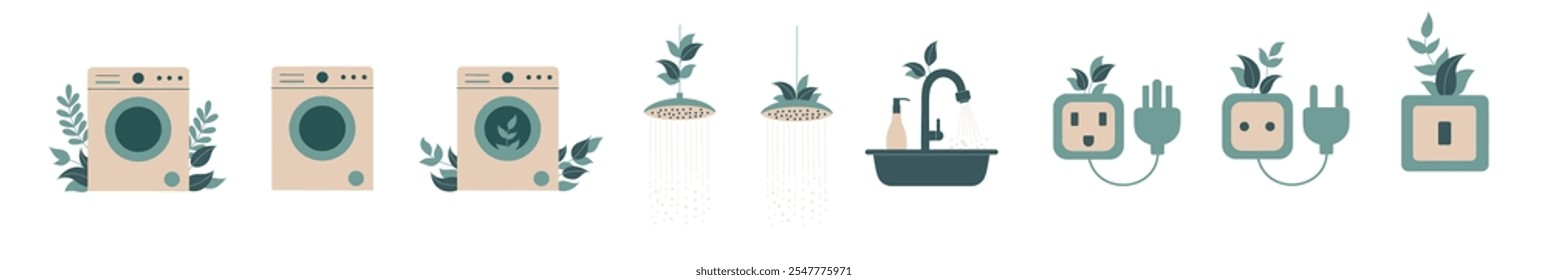 Ilustração de arte plana vetorial com utilitários e aparelhos ecológicos.