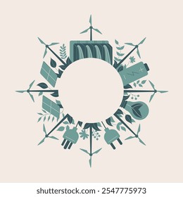 Vector flat art illustration featuring a circular arrangement of renewable energy elements.