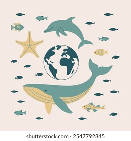 Vector flat art illustration featuring marine life, a whale, dolphin, fish, and a starfish.