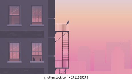 Vector flat art illustration pastel color sunrise isometric city landscape. Windows at building calm comfort home atmosphere. Silhouettes town panorama at morning time sleep. Stop coronavirus covid-19