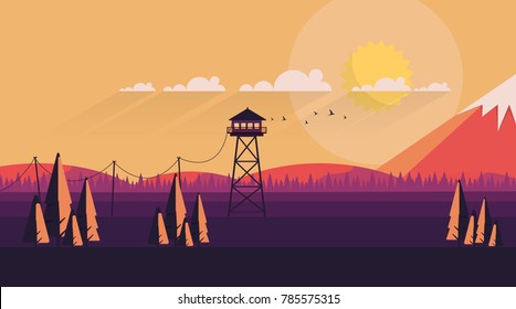 Vector Flat Art Landscape with Fire Lookout Tower