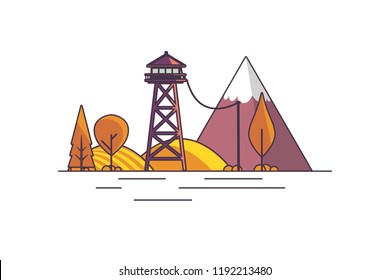 Vector Flat Art landscape outline stroke design, with fire lookout tower in autumn.