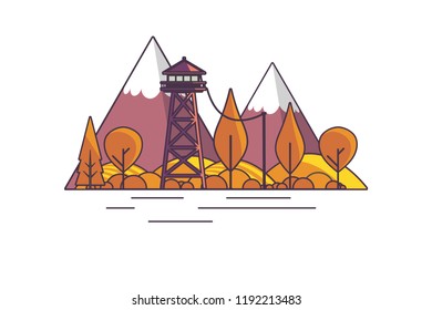 Vector Flat Art landscape outline stroke design, with fire lookout tower in autumn.