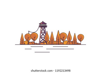 Vector Flat Art landscape outline stroke design, with fire lookout tower in autumn.