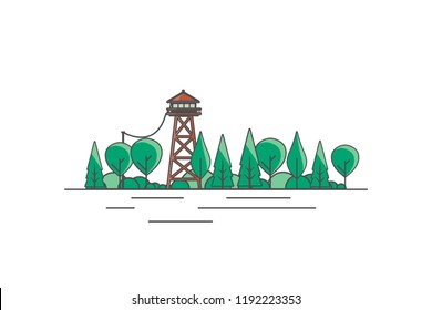 Vector Flat Art landscape with outline stroke design, with fire lookout tower